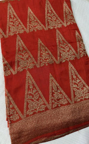 Tussar silk saree Orange with Temle Design | Glow & Glitter Boutique