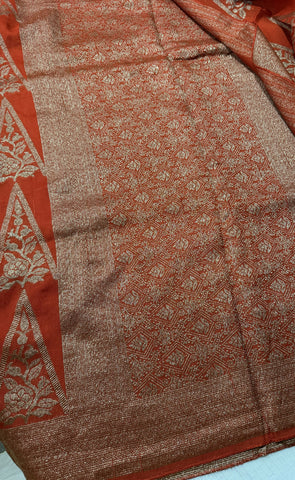 Tussar silk saree Orange with Temle Design | Glow & Glitter Boutique