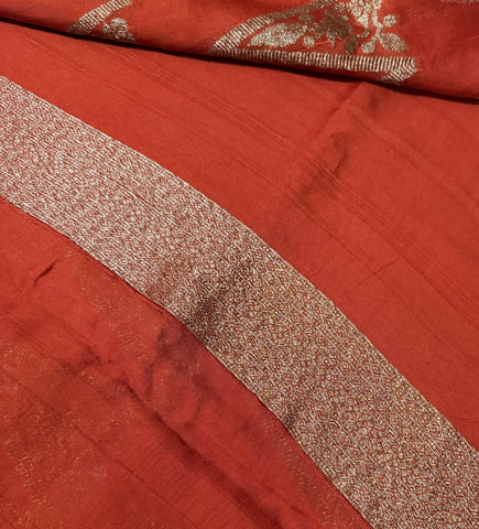Tussar silk saree Orange with Temle Design | Glow & Glitter Boutique