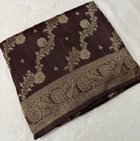 Tussar silk saree Brown with Jaal Design | Glow & Glitter Boutique