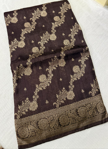 Tussar silk saree Brown with Jaal Design | Glow & Glitter Boutique