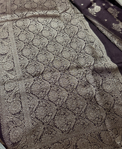 Tussar silk saree Brown with Jaal Design | Glow & Glitter Boutique