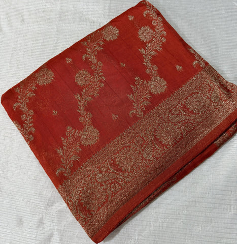 Tussar silk saree Orange with Jaal Design | Glow & Glitter Boutique