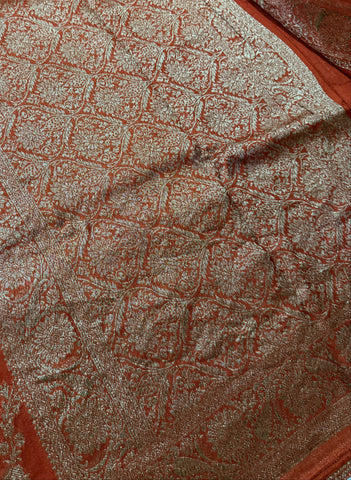 Tussar silk saree Orange with Jaal Design | Glow & Glitter Boutique