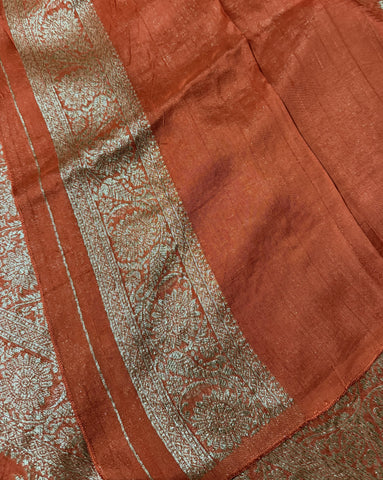 Tussar silk saree Orange with Jaal Design | Glow & Glitter Boutique