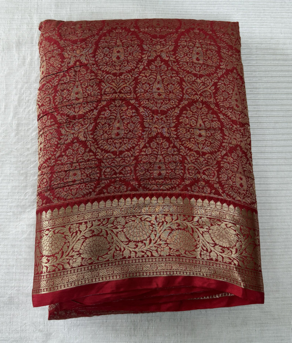 Banaras Brocade Silk Saree With Satin Border Deep Red & Gold Zari Design | Glow & Glitter Boutique