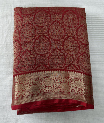 Banaras Brocade Silk Saree With Satin Border Deep Red & Gold Zari Design | Glow & Glitter Boutique