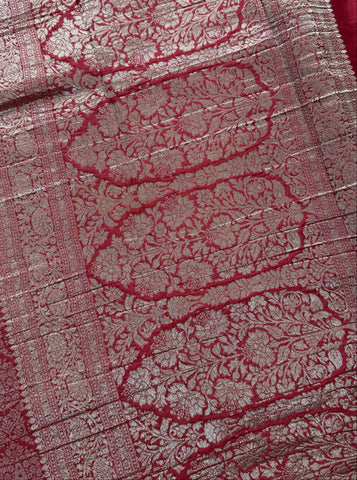 Banaras Brocade Silk Saree With Satin Border Deep Red & Gold Zari Design | Glow & Glitter Boutique
