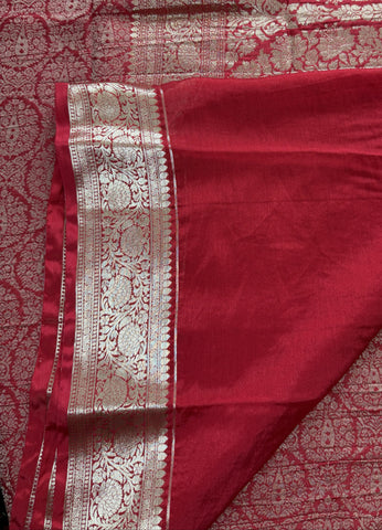 Banaras Brocade Silk Saree With Satin Border Deep Red & Gold Zari Design | Glow & Glitter Boutique