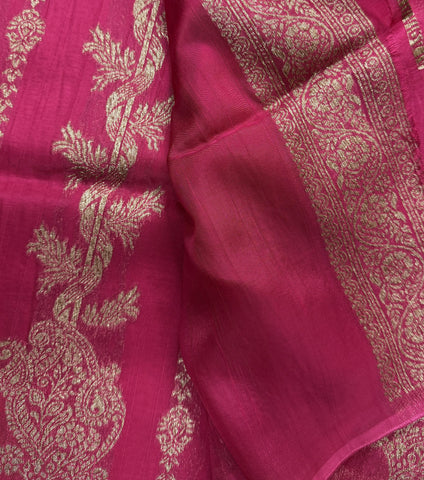 Tussar silk saree Pink with Temle Design | Glow & Glitter Boutique