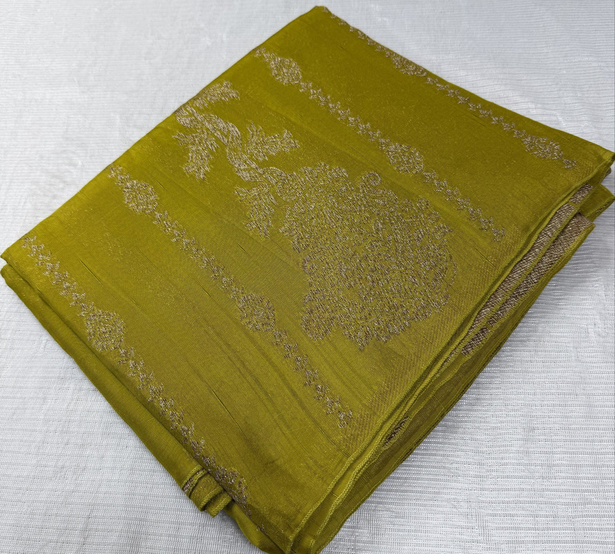Tussar silk saree Lemon Green with Temle Design | Glow & Glitter Boutique