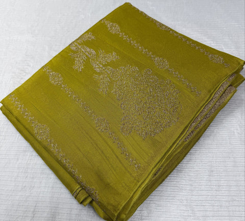 Tussar silk saree Lemon Green with Temle Design | Glow & Glitter Boutique