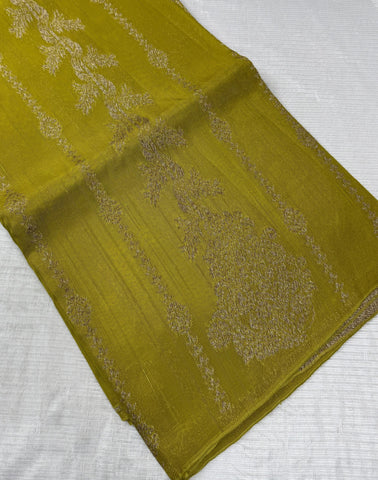 Tussar silk saree Lemon Green with Temle Design | Glow & Glitter Boutique