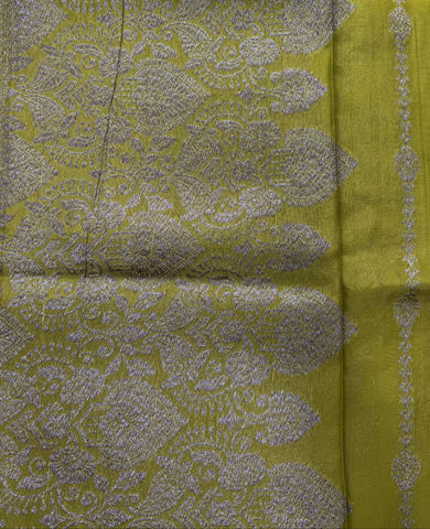 Tussar silk saree Lemon Green with Temle Design | Glow & Glitter Boutique
