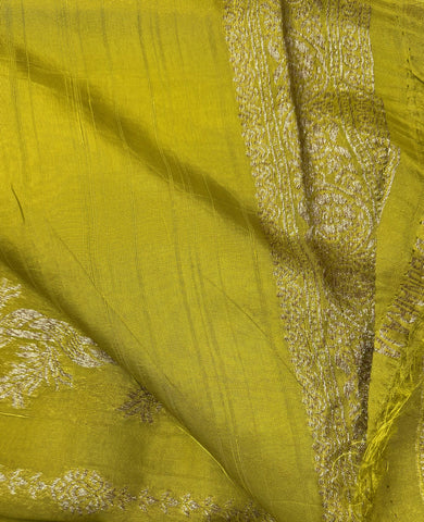 Tussar silk saree Lemon Green with Temle Design | Glow & Glitter Boutique