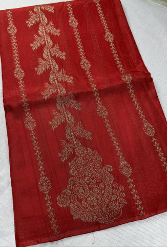 Tussar silk saree RED with Temle Design | Glow & Glitter Boutique