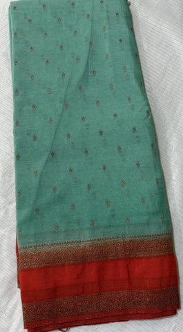 Banaras Silk Saree With Bentex Border Sea Blue & orange  | Glow & Glitter Boutique