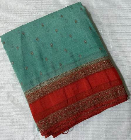Banaras Silk Saree With Bentex Border Sea Blue & orange  | Glow & Glitter Boutique
