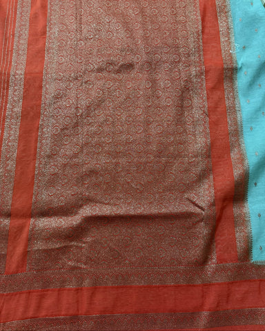 Banaras Silk Saree With Bentex Border Sea Blue & orange  | Glow & Glitter Boutique