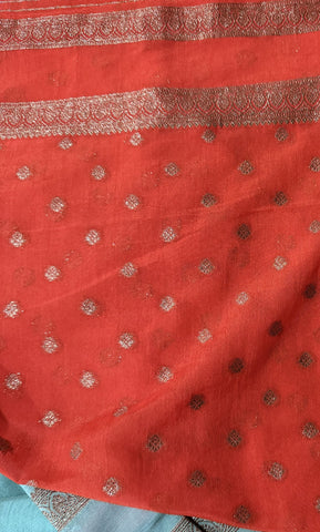 Banaras Silk Saree With Bentex Border Sea Blue & orange  | Glow & Glitter Boutique