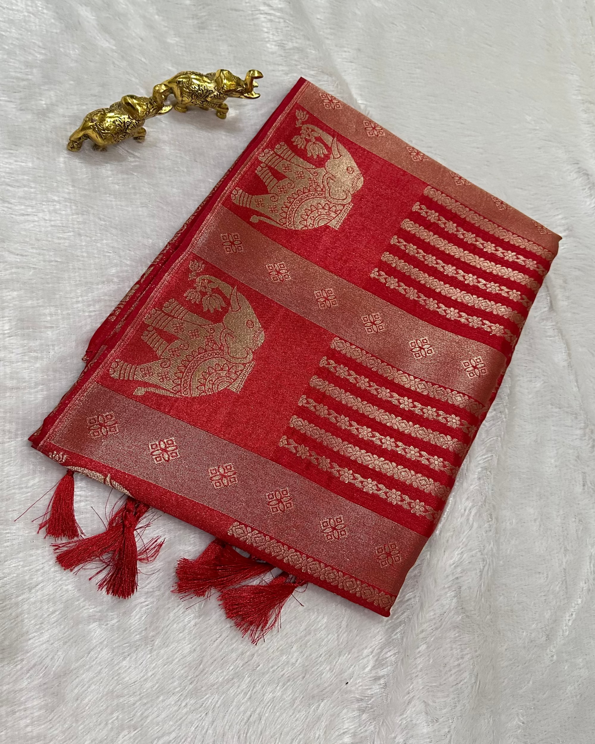 Semi Banaras Silk Saree Red Shade With Elephant Design | Glow & Glitter Boutique