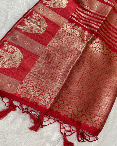 Semi Banaras Silk Saree Red Shade With Elephant Design | Glow & Glitter Boutique