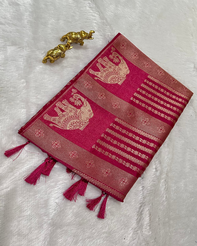 Semi Banaras Silk Saree Pink Shade With Elephant Design | Glow & Glitter Boutique