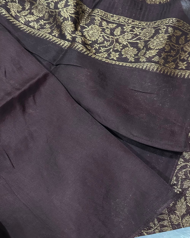 Premium Tussar silk saree Coco Brown With Antique Gold Zari Border | Glow & Glitter Boutique