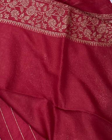 Premium Tussar silk saree Cherry Red With Antique Gold Zari Border | Glow & Glitter Boutique