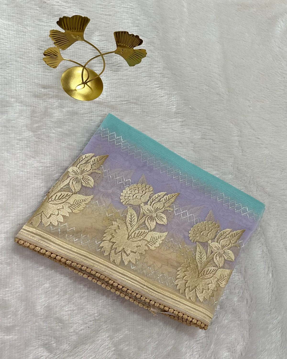 Organza silk saree with embroidery Lavender Blue Beige & Aqua Green Floral Zari Saree | Glow & Glitter Boutique