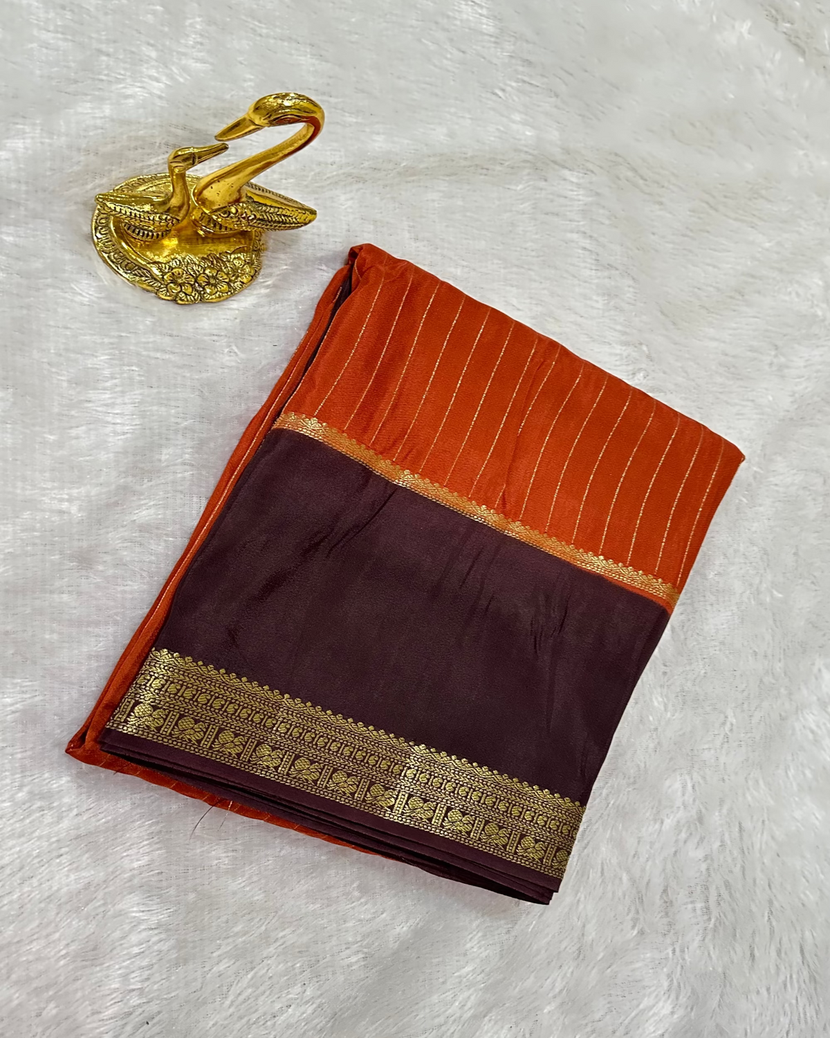 Viscose silk saree Burnt Orange With Dark Chocolate brown Border | Glow & Glitter Boutique