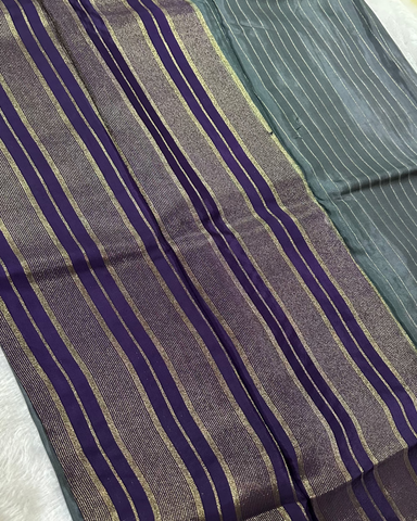 Viscose silk saree Gray With Purple Border | Glow & Glitter Boutique