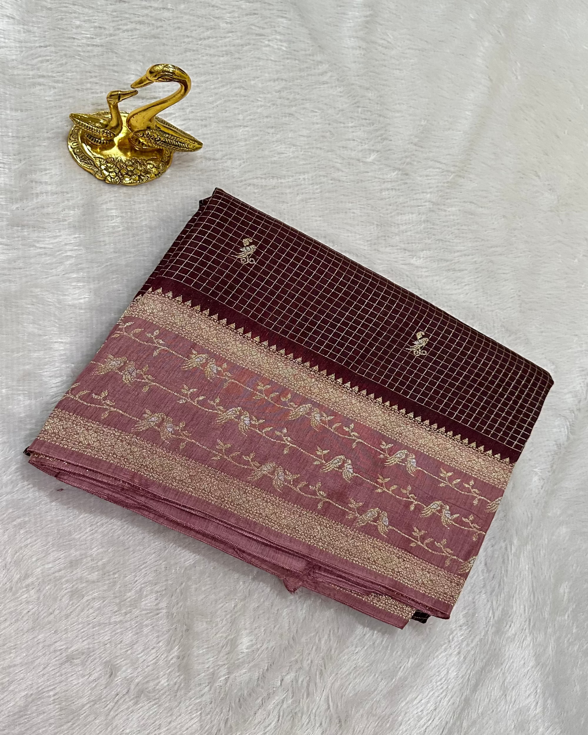 Viscose silk saree Dark Chocolate Shade With Lilac Birds Border | Glow & Glitter Boutique