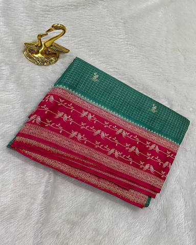 Viscose silk saree Bluish Green Shade With Pink Birds Border | Glow & Glitter Boutique