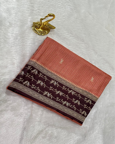 Viscose silk saree Chikko Shade With Dark Coco Brown Birds Border | Glow & Glitter Boutique