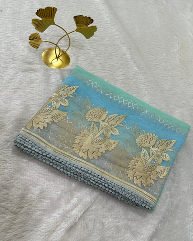 Organza silk saree with embroidery Aqua Blue Floral Zari Saree | Glow & Glitter Boutique
