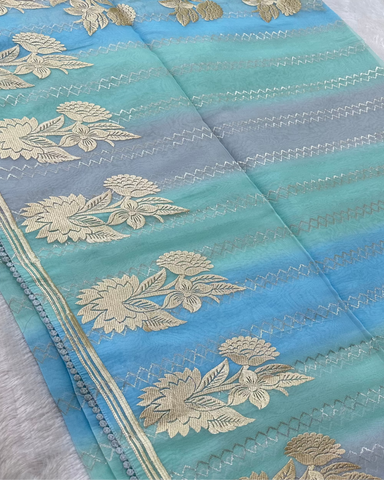 Organza silk saree with embroidery Aqua Blue Floral Zari Saree | Glow & Glitter Boutique