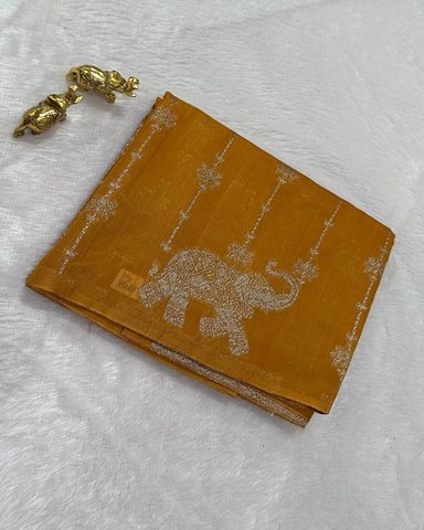 E-Tussar silk saree Golden Yellow Shade | Glow & Glitter Boutique
