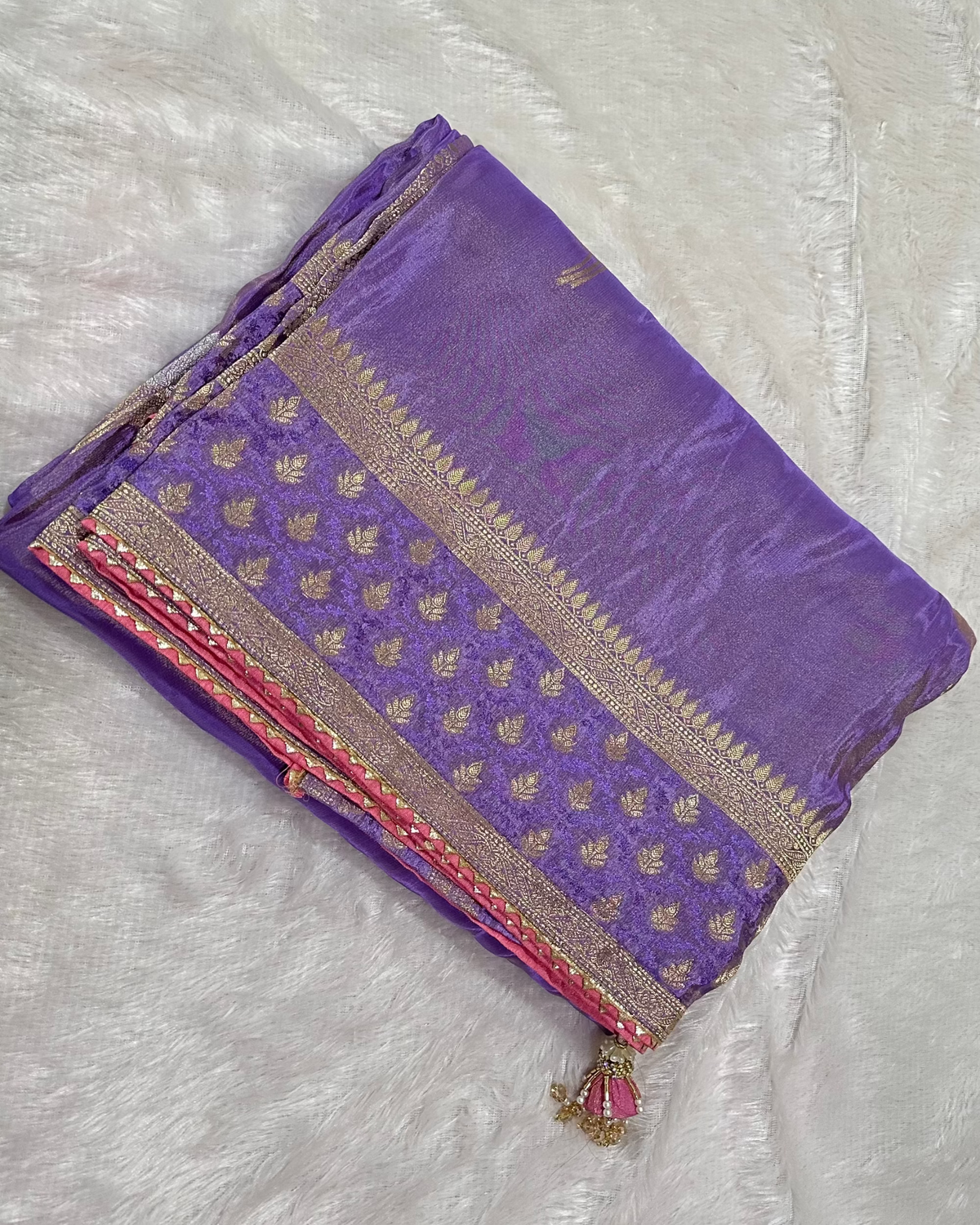 Banaras Lavender Tissue silk saree with Pink ready made blouse | Glow & Glitter Boutique