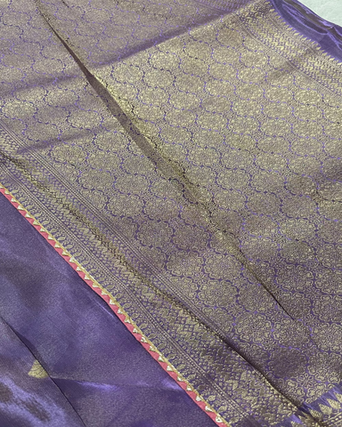 Banaras Lavender Tissue silk saree with Pink ready made blouse | Glow & Glitter Boutique