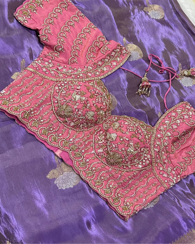 Banaras Lavender Tissue silk saree with Pink ready made blouse | Glow & Glitter Boutique
