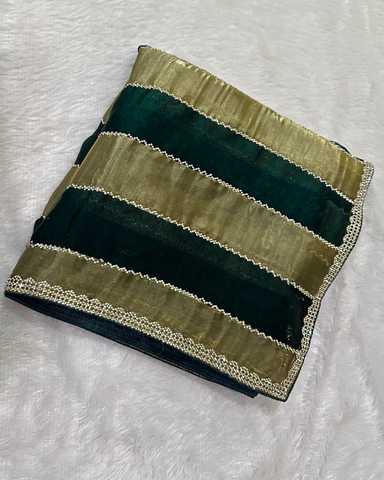 Designer silk saree Bottel Green Shade Satin Mix Gold Tissue Premium Swaroski With Piping Border | Glow & Glitter Boutique