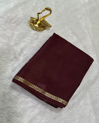 Viscose silk saree dark Chocolate Brown with Mango Design Thin Border | Glow & Glitter Boutique