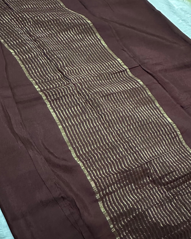 Viscose silk saree dark Chocolate Brown with Mango Design Thin Border | Glow & Glitter Boutique