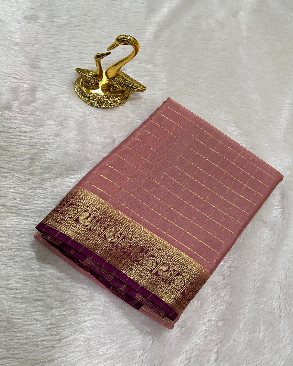 Premium Mysore crepe silk saree Onion Pink With Dark Beetroot Shade Zari Border | Glow & Glitter Boutique