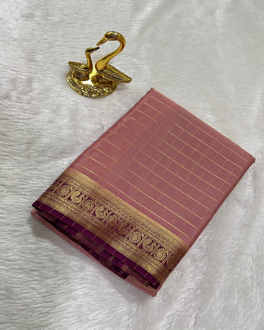 Premium Mysore crepe silk saree Onion Pink With Dark Beetroot Shade Zari Border | Glow & Glitter Boutique