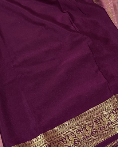 Premium Mysore crepe silk saree Onion Pink With Dark Beetroot Shade Zari Border | Glow & Glitter Boutique