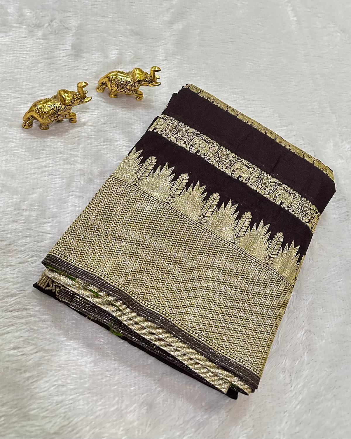 Banaras silk Dark Chocolate Brown Shade With Gold Zari Border | Glow & Glitter Boutique