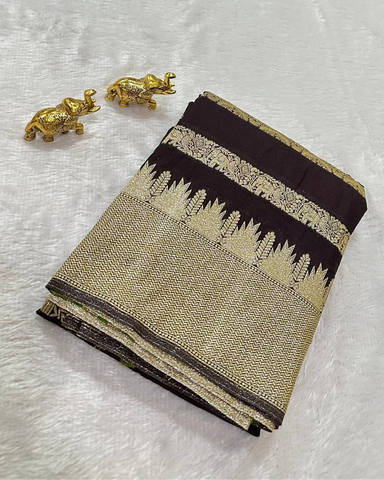 Banaras silk Dark Chocolate Brown Shade With Gold Zari Border | Glow & Glitter Boutique
