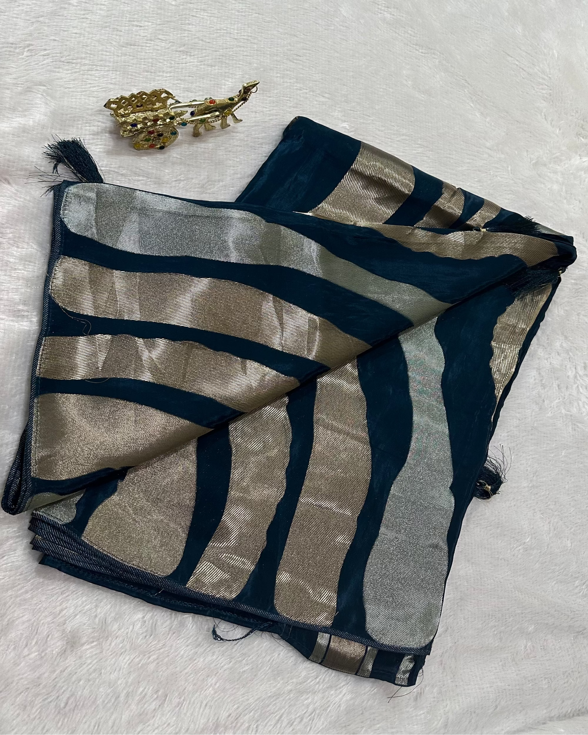 Designer silk saree Mashru Satin Teal Blue Shade | Glow & Glitter Boutique